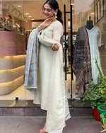 Thumbnail for Malishka Women's White Roman Silk Zari Weaving Straight Kurta Pant With Dupatta - Distacart