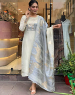 Thumbnail for Malishka Women's White Roman Silk Zari Weaving Straight Kurta Pant With Dupatta - Distacart