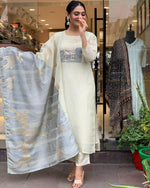 Thumbnail for Malishka Women's White Roman Silk Zari Weaving Straight Kurta Pant With Dupatta - Distacart