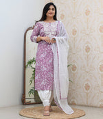 Thumbnail for Malishka Women's Purple Cotton Embroidered Straight Kurta Pant With Dupatta - Distacart