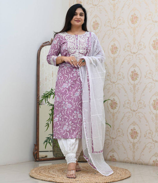 Malishka Women's Purple Cotton Embroidered Straight Kurta Pant With Dupatta - Distacart