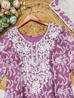 Thumbnail for Malishka Women's Purple Cotton Embroidered Straight Kurta Pant With Dupatta - Distacart
