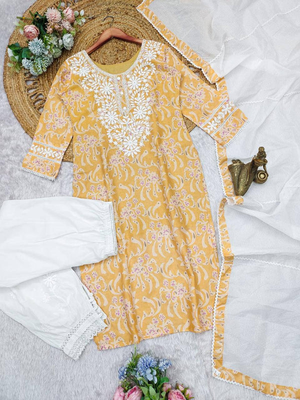 Malishka Women's Yellow Cotton Embroidered Straight Kurta Pant With Dupatta - Distacart