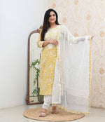 Thumbnail for Malishka Women's Yellow Cotton Embroidered Straight Kurta Pant With Dupatta - Distacart