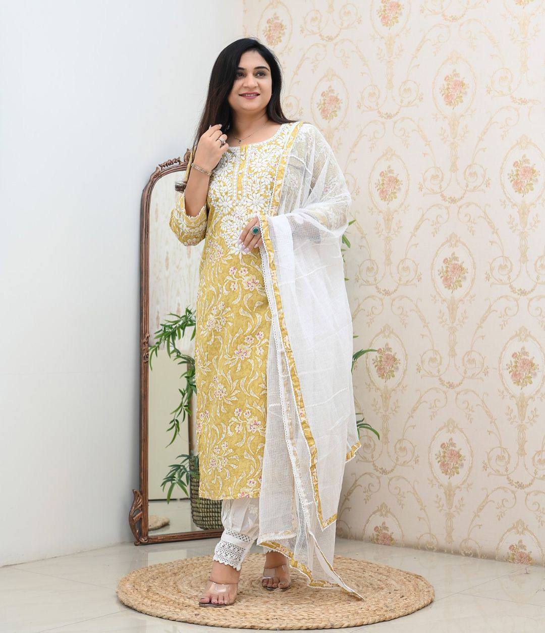 Malishka Women's Yellow Cotton Embroidered Straight Kurta Pant With Dupatta - Distacart