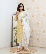 Thumbnail for Malishka Women's Yellow Cotton Embroidered Straight Kurta Pant With Dupatta - Distacart