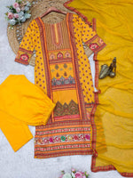 Thumbnail for Malishka Women's Mustard Satin Digital Print Straight Kurta Pant With Dupatta - Distacart