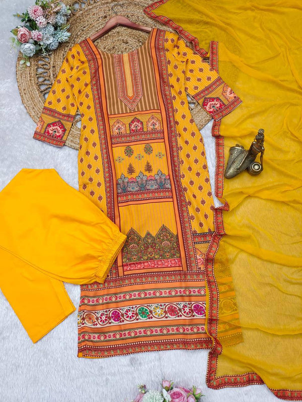 Malishka Women's Mustard Satin Digital Print Straight Kurta Pant With Dupatta - Distacart