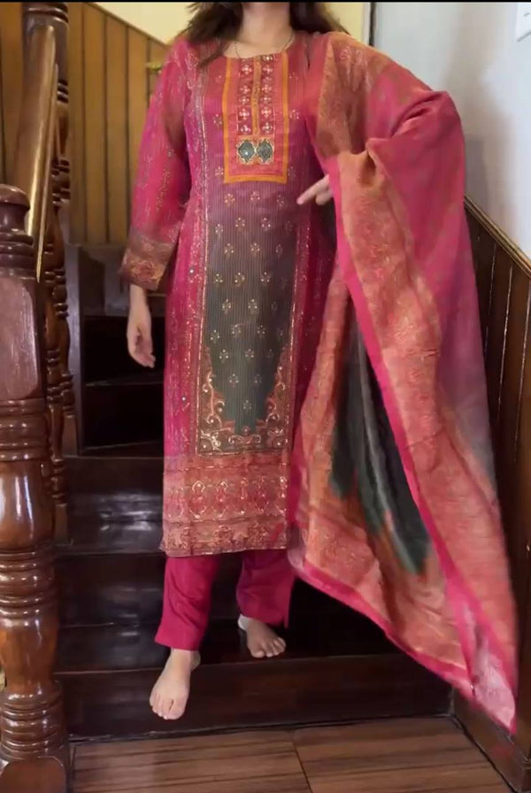 Malishka Women's Pink Roman Silk Printed Straight Kurta Pant With Dupatta - Distacart