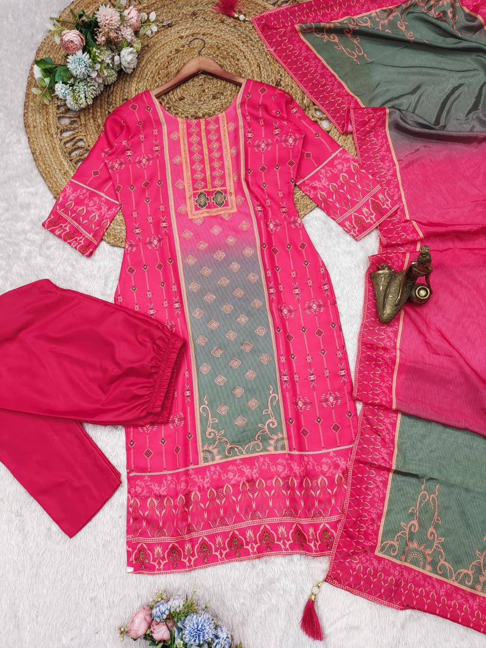 Malishka Women's Pink Roman Silk Printed Straight Kurta Pant With Dupatta - Distacart