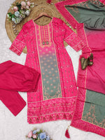 Thumbnail for Malishka Women's Pink Roman Silk Printed Straight Kurta Pant With Dupatta - Distacart