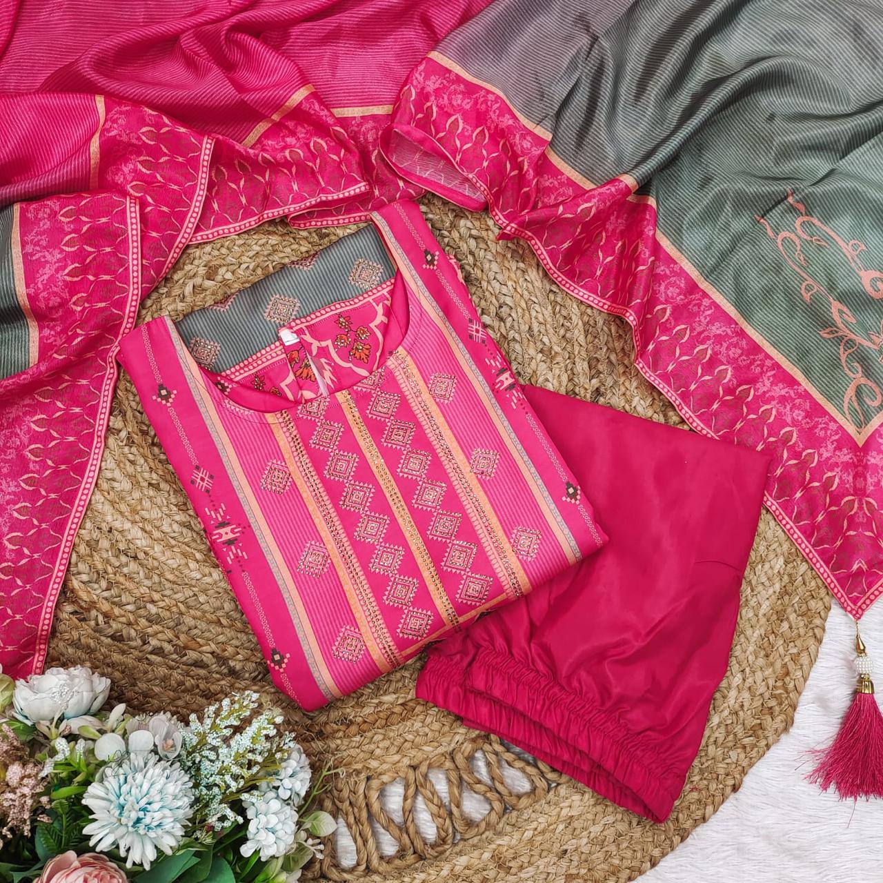 Malishka Women's Pink Roman Silk Printed Straight Kurta Pant With Dupatta - Distacart