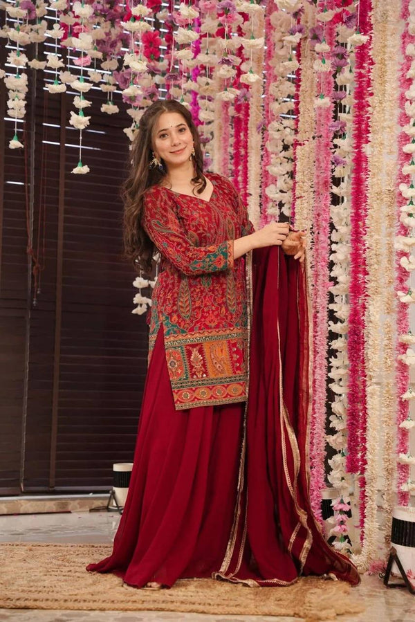 Malishka Women's Maroon Crepe Printed Straight Kurta Palazzo With Dupatta - Distacart
