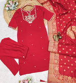 Thumbnail for Malishka Women's Red Roman Silk Embroidered Straight Kurta Pant With Dupatta - Distacart
