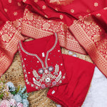 Thumbnail for Malishka Women's Red Roman Silk Embroidered Straight Kurta Pant With Dupatta - Distacart