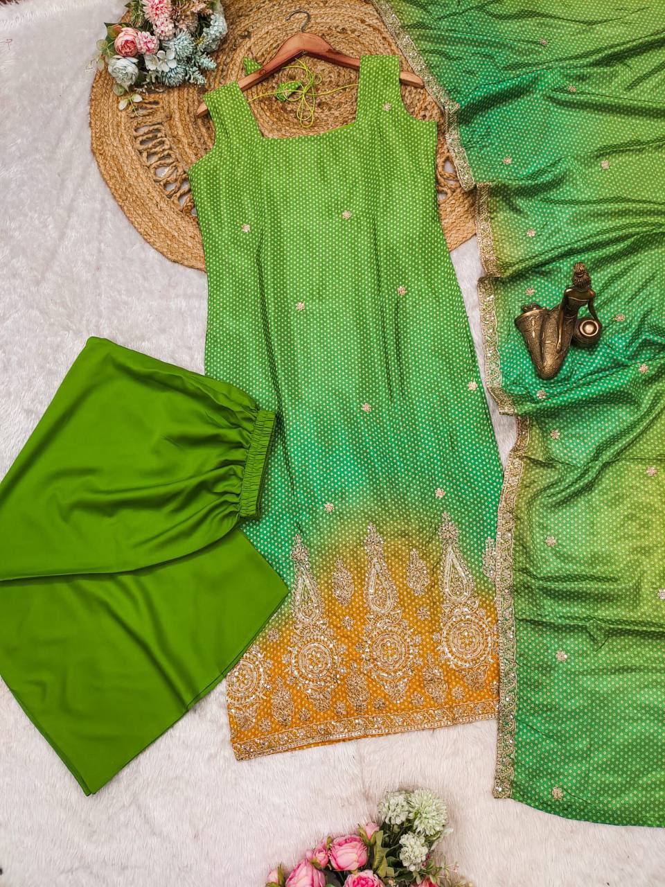 Malishka Women's Green Crepe Bandhej Print Straight Kurta Palazzo With Dupatta - Distacart