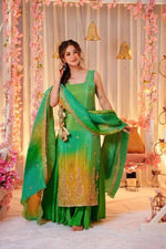 Thumbnail for Malishka Women's Green Crepe Bandhej Print Straight Kurta Palazzo With Dupatta - Distacart