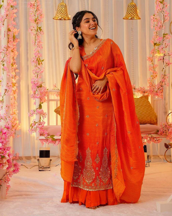 Malishka Women's Orange Crepe Bandhej Print Straight Kurta Palazzo With Dupatta - Distacart