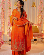 Thumbnail for Malishka Women's Orange Crepe Bandhej Print Straight Kurta Palazzo With Dupatta - Distacart