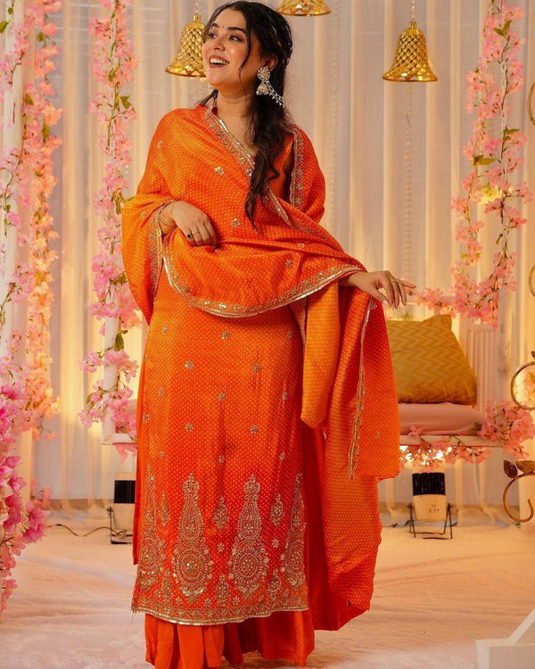 Malishka Women's Orange Crepe Bandhej Print Straight Kurta Palazzo With Dupatta - Distacart