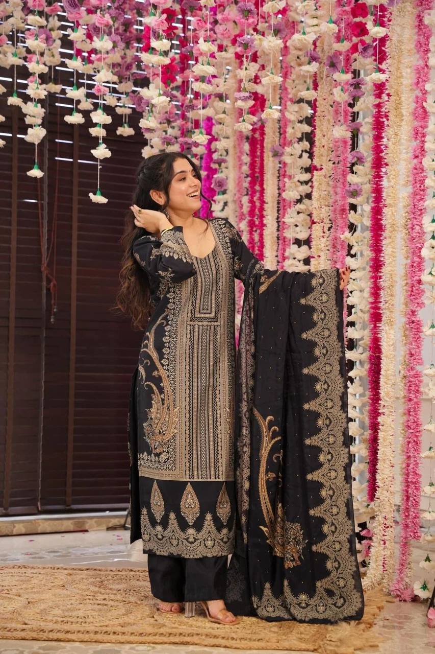 Malishka Women's Black Muslin Printed Straight Kurta Pant With Dupatta - Distacart