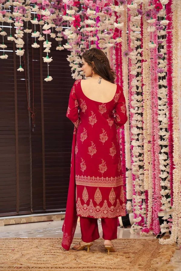 Malishka Women's Maroon Muslin Printed Straight Kurta Pant With Dupatta - Distacart