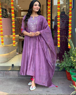 Thumbnail for Malishka Women's Purple Muslin Embroidered Straight Kurta Pant With Dupatta - Distacart
