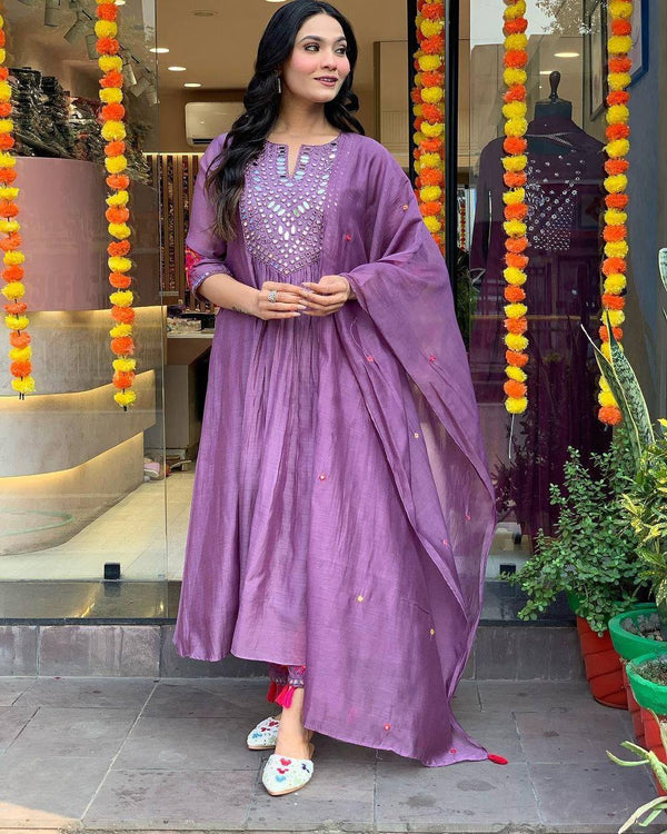 Malishka Women's Purple Muslin Embroidered Straight Kurta Pant With Dupatta - Distacart