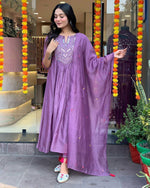 Thumbnail for Malishka Women's Purple Muslin Embroidered Straight Kurta Pant With Dupatta - Distacart