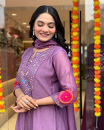Thumbnail for Malishka Women's Purple Muslin Embroidered Straight Kurta Pant With Dupatta - Distacart