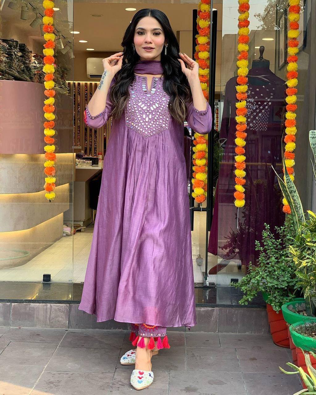 Malishka Women's Purple Muslin Embroidered Straight Kurta Pant With Dupatta - Distacart