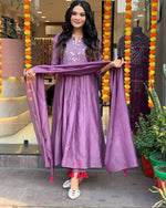 Thumbnail for Malishka Women's Purple Muslin Embroidered Straight Kurta Pant With Dupatta - Distacart
