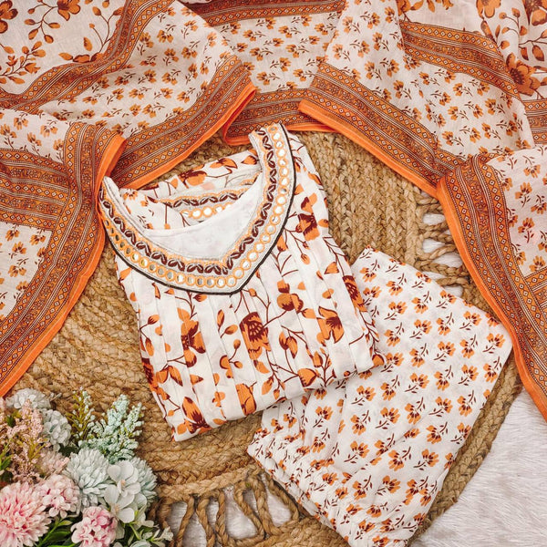 Malishka Women's Orange Cotton Floral Anarkali Kurta Palazzo With Dupatta - Distacart