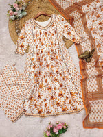 Thumbnail for Malishka Women's Orange Cotton Floral Anarkali Kurta Palazzo With Dupatta - Distacart