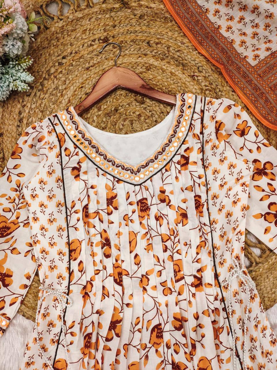 Malishka Women's Orange Cotton Floral Anarkali Kurta Palazzo With Dupatta - Distacart