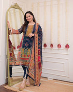 Thumbnail for Malishka Women's Navy Blue Chinon Embroidered Straight Kurta Pant With Dupatta - Distacart