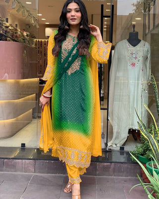 Malishka Women's Green Chinon Printed Straight Kurta Pant With Dupatta - Distacart