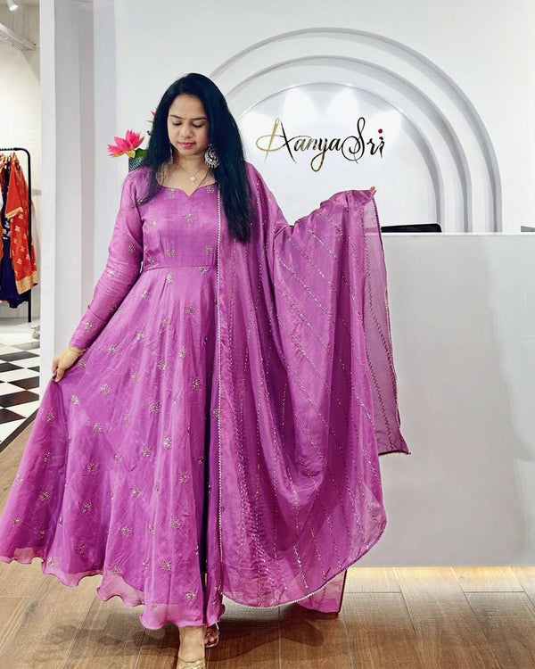 Malishka Women's Purple Chinon Embroidered Anarkali Kurta With Dupatta - Distacart