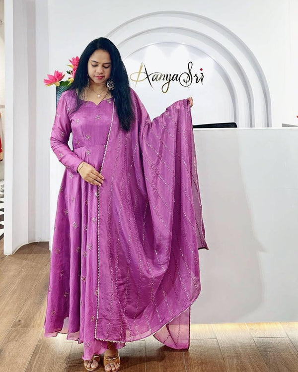 Malishka Women's Purple Chinon Embroidered Anarkali Kurta With Dupatta - Distacart