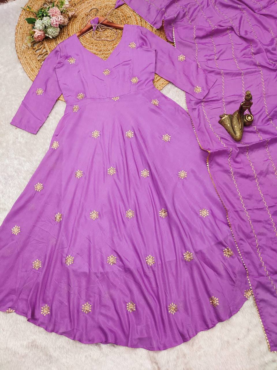 Malishka Women's Purple Chinon Embroidered Anarkali Kurta With Dupatta - Distacart