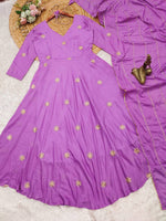 Thumbnail for Malishka Women's Purple Chinon Embroidered Anarkali Kurta With Dupatta - Distacart