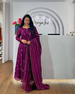 Malishka Women's Wine Chinon Embroidered Anarkali Kurta With Dupatta - Distacart