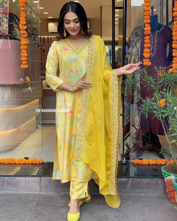 Malishka Women's Yellow Muslin Silk Digital Print Straight Kurta Pant With Dupatta - Distacart
