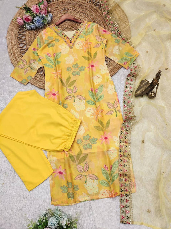 Malishka Women's Yellow Muslin Silk Digital Print Straight Kurta Pant With Dupatta - Distacart