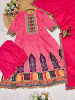 Thumbnail for Malishka Women's Pink Chinon Embroidered Anarkali Kurta Pant With Dupatta - Distacart
