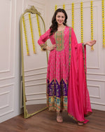 Thumbnail for Malishka Women's Pink Chinon Embroidered Anarkali Kurta Pant With Dupatta - Distacart