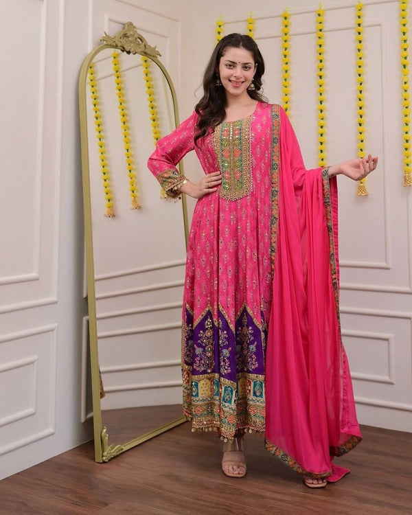 Malishka Women's Pink Chinon Embroidered Anarkali Kurta Pant With Dupatta - Distacart