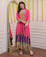 Thumbnail for Malishka Women's Pink Chinon Embroidered Anarkali Kurta Pant With Dupatta - Distacart