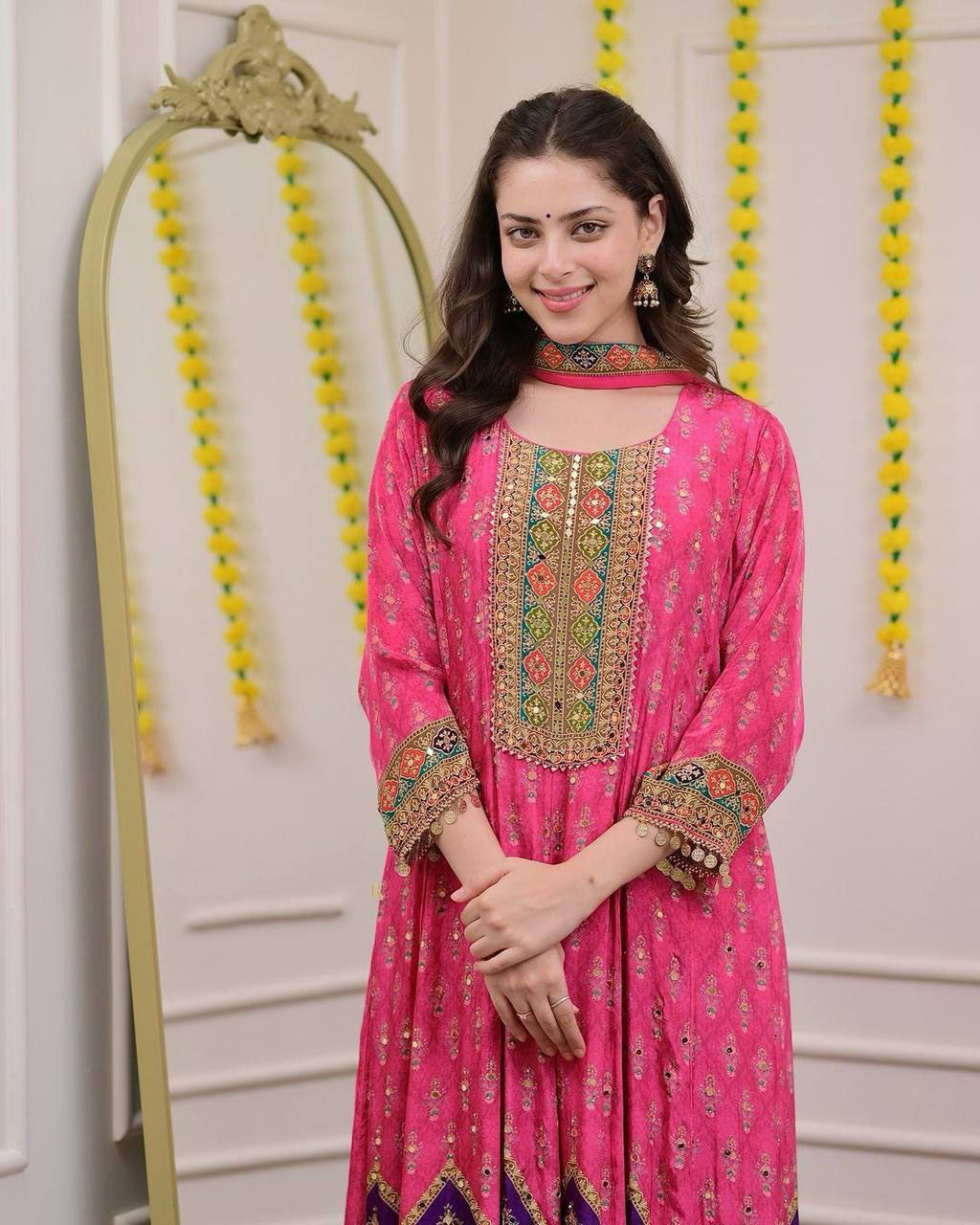 Malishka Women's Pink Chinon Embroidered Anarkali Kurta Pant With Dupatta - Distacart