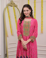 Thumbnail for Malishka Women's Pink Chinon Embroidered Anarkali Kurta Pant With Dupatta - Distacart